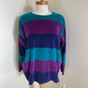 Liz Claiborne LizSport Velour Teal Purple Fushia Stripe Long Sleeve S 80s